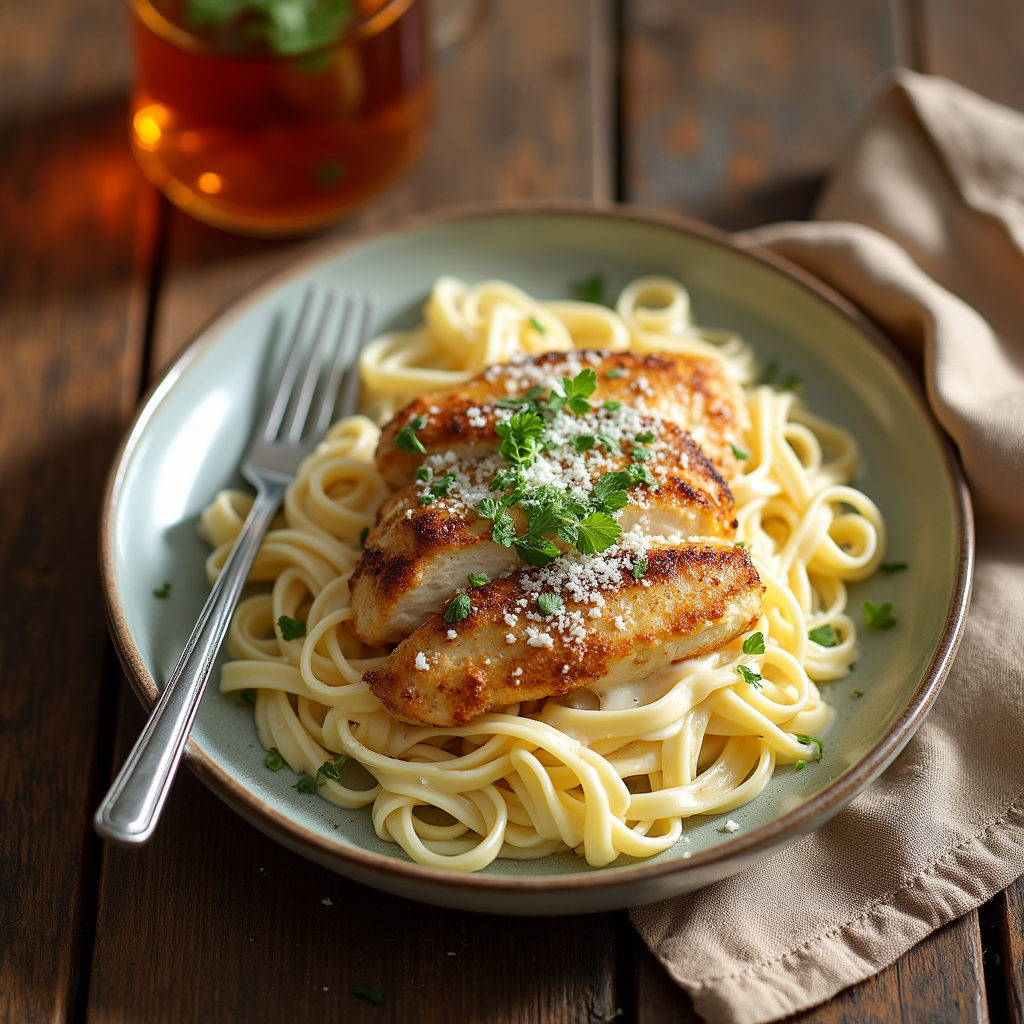 a cozy overhead shot of a plate of creamy chicken alfredo pasta on a rustic wooden table fettuccine 89fqfbg52c05kj6sqmbj 1